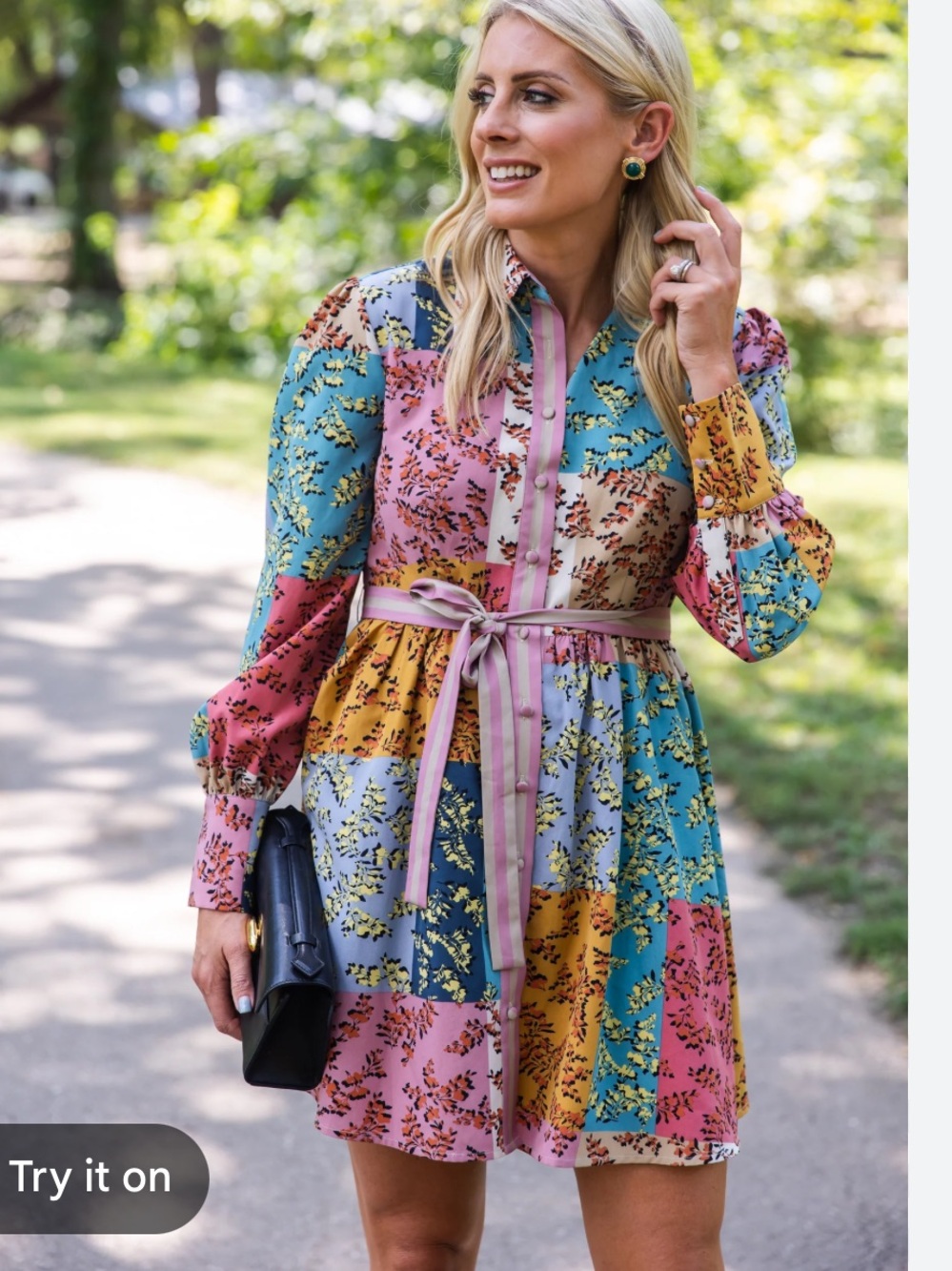 Patchwork Floral Button-Front Mini Dress in Multicolor